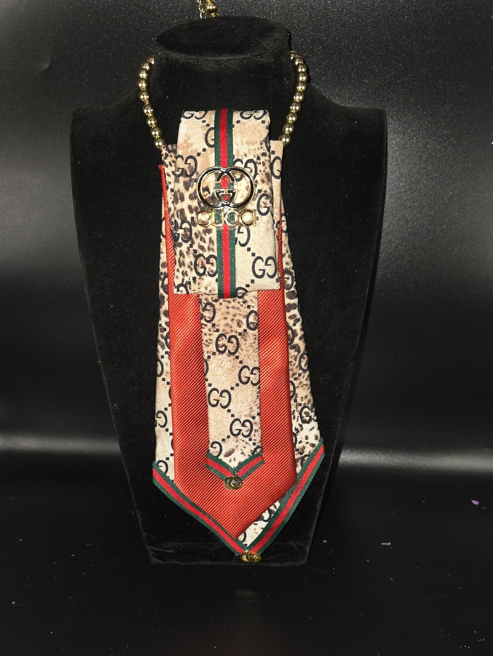 Red And Beige Tie Necklace with Green And Red Trim Accents